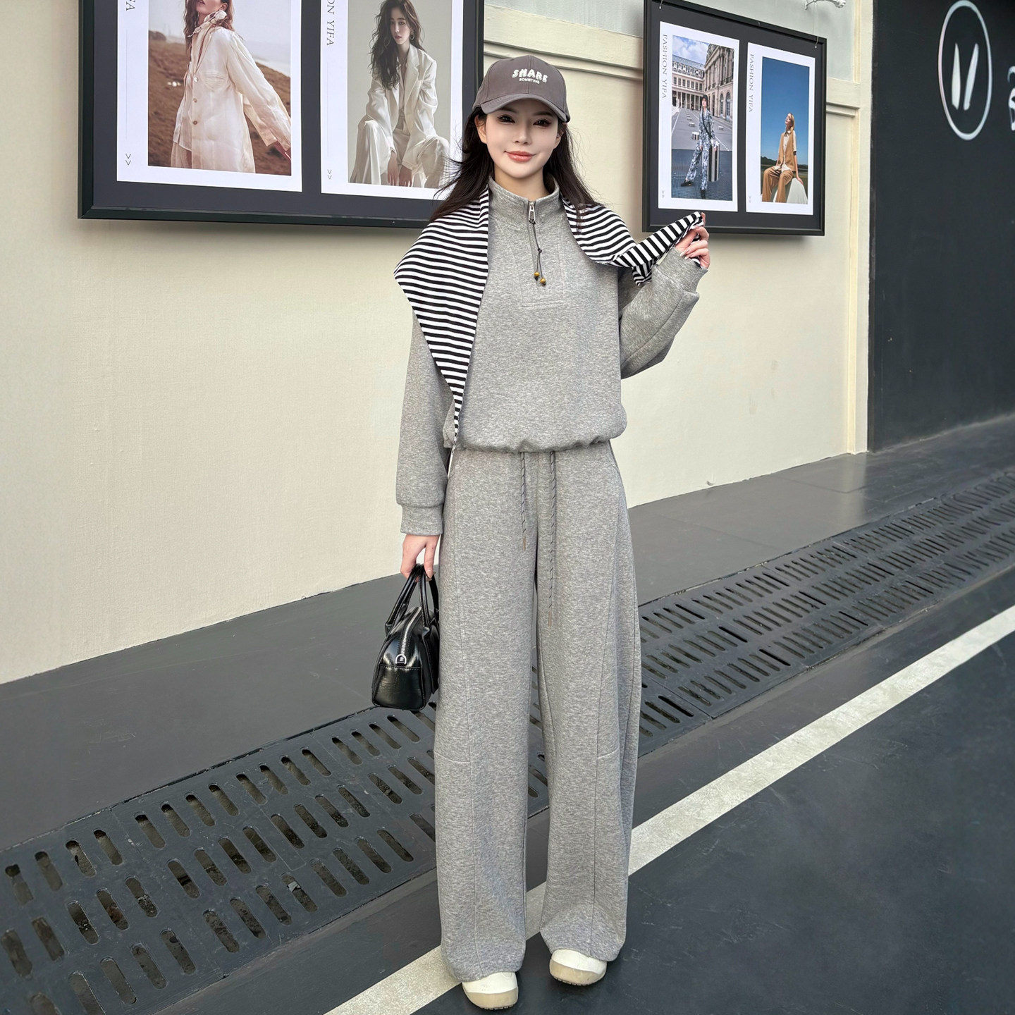 港风气质穿搭立领卫衣条纹披肩两件套女弯刀直筒长裤运动风2026春,女装/女士精品,时尚套装,淘宝优惠券,粉丝福利购,淘宝优惠卷