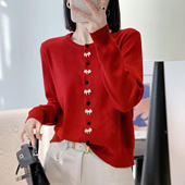 2026小香风圆领蝴蝶结针织开衫 女宽松型减龄红色春节喜庆毛衣外套