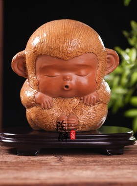 小猴子悟空石湾陶瓷佛山装饰品中式动物摆件礼盒工艺品公仔摆设