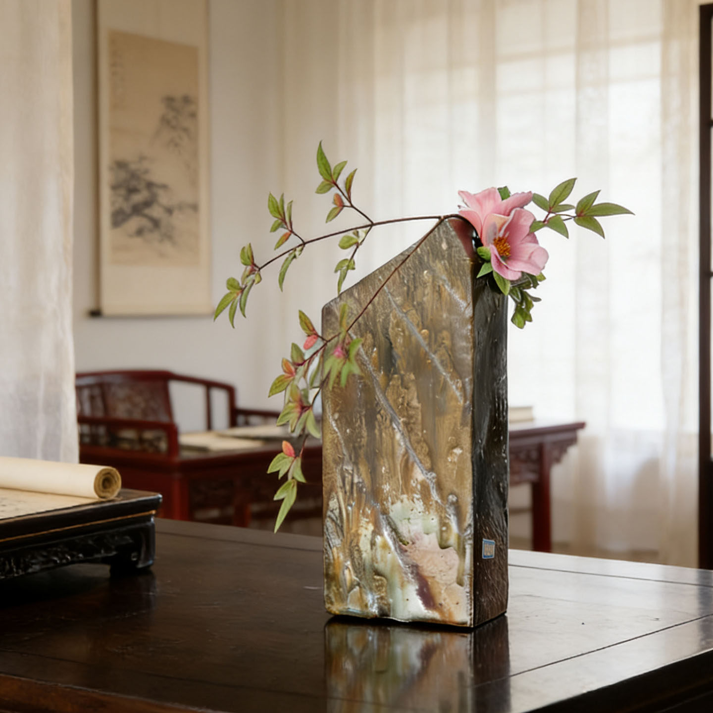 匠人手工制作柴烧镶器长方形花瓶侘寂风中号桌面摆件陶瓷插花花器