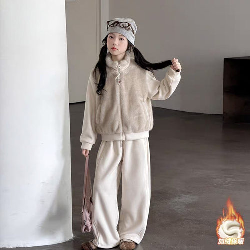 韩系童装女童仿皮草套装冬季bora加绒加厚中大童立领休闲两件套装
