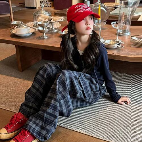 波拉bora韩系女童套装秋季儿童辣妹假两件连帽卫衣格子长裤两件套