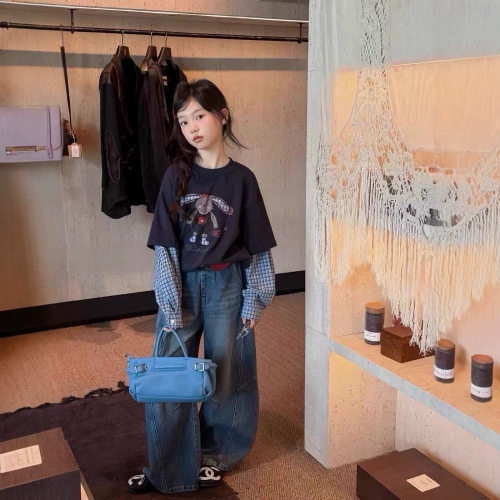 bora美式廓形弯刀牛仔裤女中大童秋季拼接款假两件长袖T恤打底衫