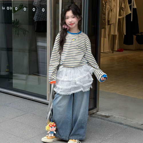 波拉bora女童撞色领条纹长袖T恤秋儿童宽松落肩休闲套头打底上衣