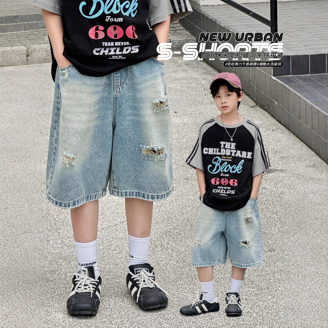 波拉bora儿童装男童牛仔短裤夏季破洞中大童青少年牛仔中裤五分裤