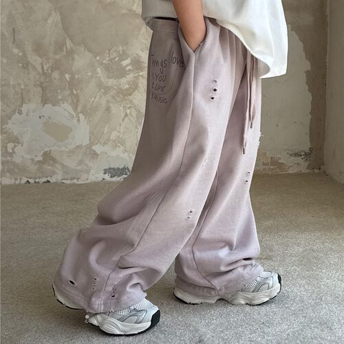 拉bora春款童装儿童卫裤 复古割破印花男女童洋气束脚运动裤潮款