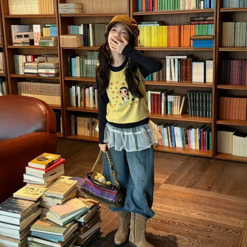 波拉bora韩系女中大童长袖卡通两件套上衣秋季儿童洋气弯刀牛仔裤