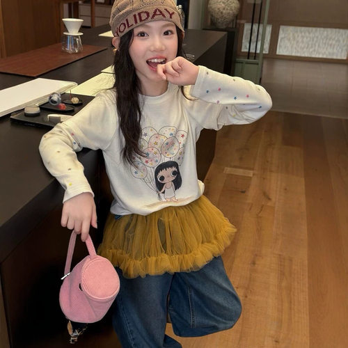 波拉bora女大童儿韩版款卡通印花卫衣春秋儿洋气连帽上衣学院风儿