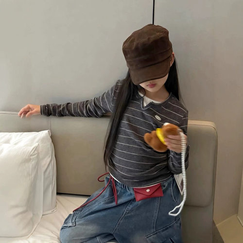 波拉bora韩系女中大童条纹假两件长袖修身打底衫秋季儿童洋气上衣