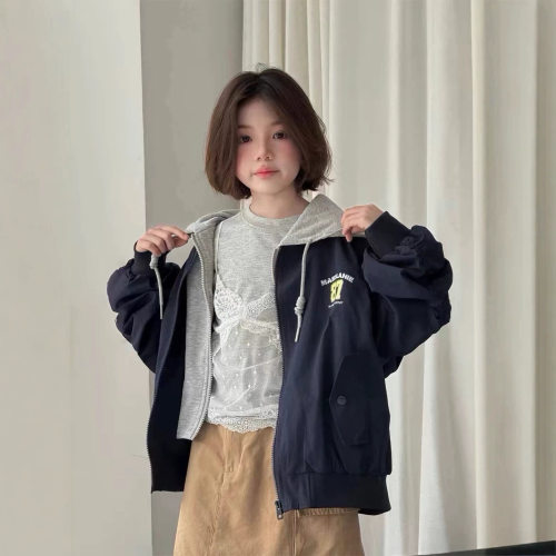 波拉bora韩国童装秋季女童夹克外套儿童秋装印花连帽假两件棒球服