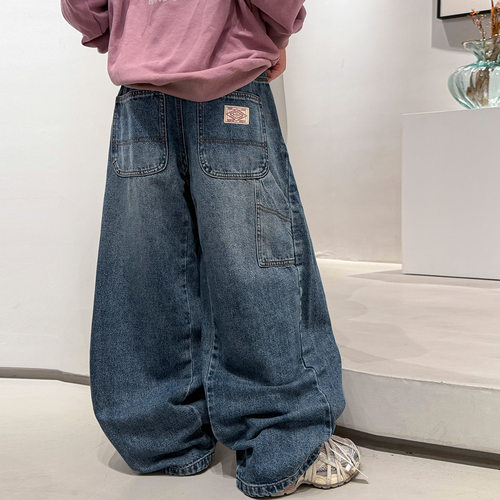 波拉bora男童秋季潮牌阔腿时髦牛仔裤青少年儿童春秋直筒宽松裤子