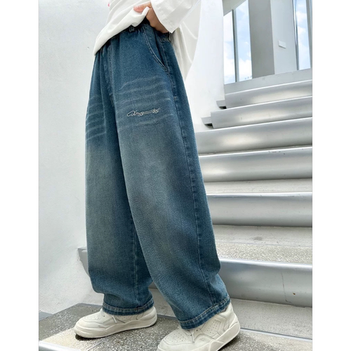 波拉bora儿童装男生女孩秋季休闲直筒阔腿裤中大童青少年软牛仔裤