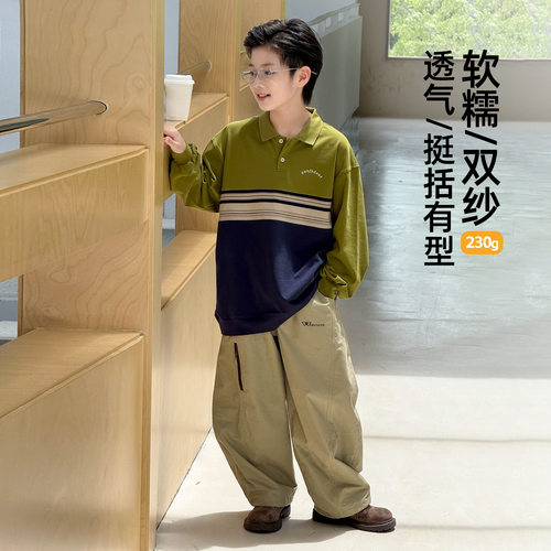 波拉bora男童浅秋拼色双纱POLO衫秋季中大童个性宽松上衣