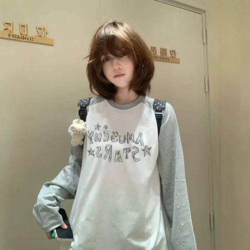 波拉bora女中大童字母长袖插肩T恤衫秋季儿童洋气打底衫潮