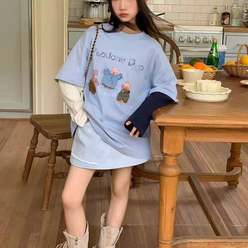 波拉bora韩系女中大童拼接袖宽松卡通长袖T恤衫秋季儿童洋气上衣