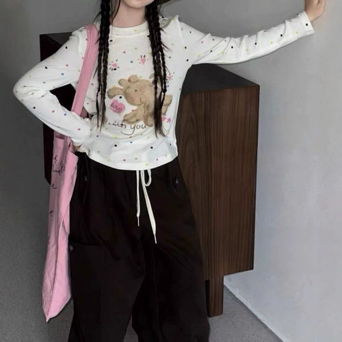 波拉bora韩版女中大童波点卡通短款长袖打底衫秋季儿童洋气T恤衫