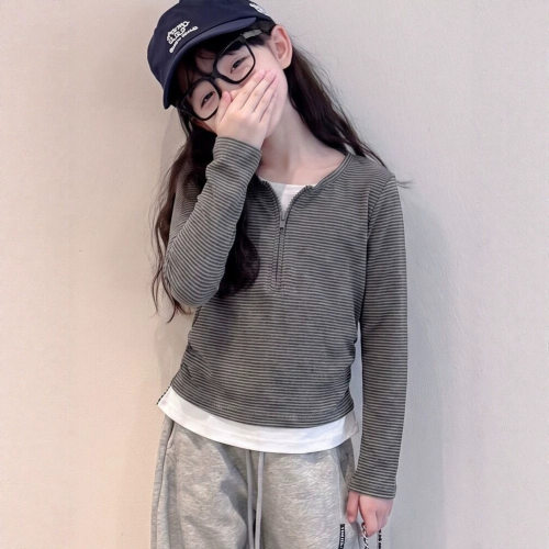 波拉bora韩系假两件条纹长袖t恤女中大童秋季修身内搭短款上衣潮