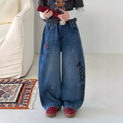 波拉bora美式复古卡通印花水洗做旧破洞牛仔裤女秋季宽松阔腿裤潮