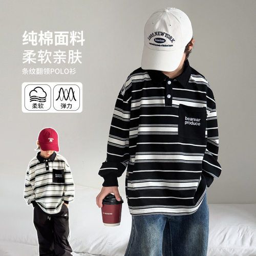 波拉bora条纹长袖POLO衫男童春秋季口袋翻领T恤上衣儿童款春装