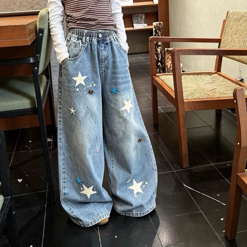 波拉bora女童牛仔裤春秋儿童阔腿裤中大童直筒裤休闲儿童宽松裤子