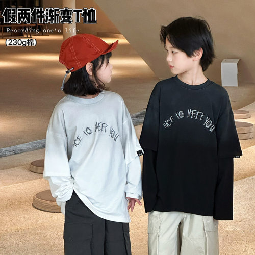 波拉LZPP潮童秋bora儿童t恤纯棉中大童插肩袖上衣渐变假两件长袖T