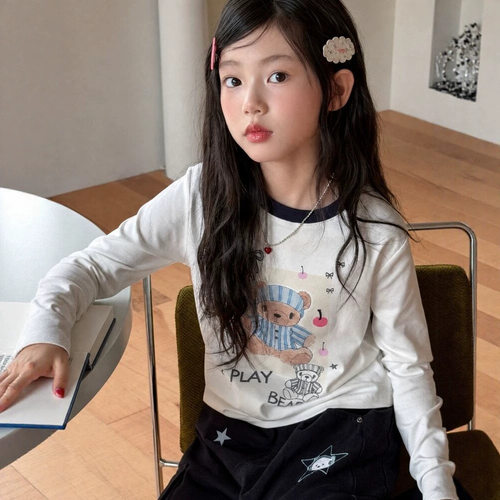 波拉bora韩版女中大童卡通长袖短款打底衫秋季儿童洋气T恤衫潮