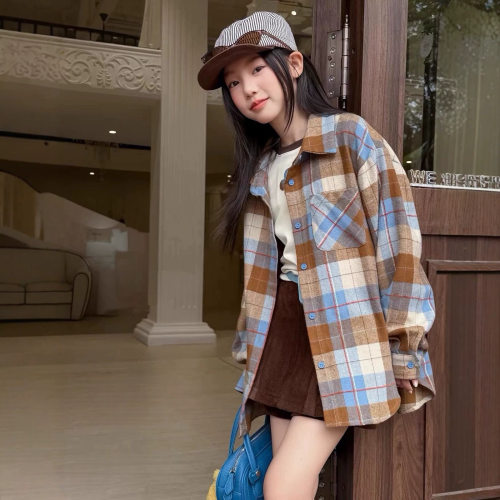bora韩系女中大童格子长袖衬衫外套秋季新儿童洋气花朵短款打底衫