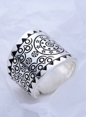 图腾999纯银戒指足银指环饰品男女士宽面开口个性小众可调节