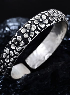 纯银浮雕古法实心民族风开口手环