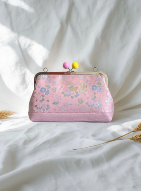 钱小萍金玉满堂真丝宋锦牛皮包包，名家非遗手作女包粉色包包