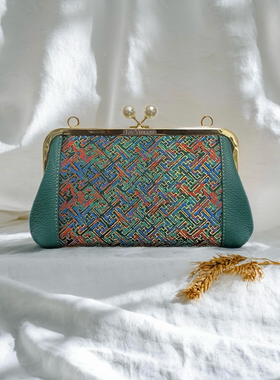 钱小萍万字纹宋锦牛皮包包，名家气质女包手拿包可手提腋下斜跨