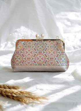 张和才如意红蜀蔓桑蚕丝蜀锦香槟色牛皮包包，名家经典气质手提包