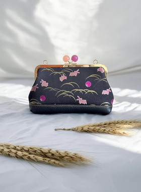 上久楷紫兔东升黑金粉真丝宋锦牛皮包包，名家非遗手作女包