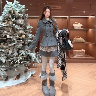 小香风灰色西装连衣裙子女秋冬季2025新款小个子千金穿搭套装短裙