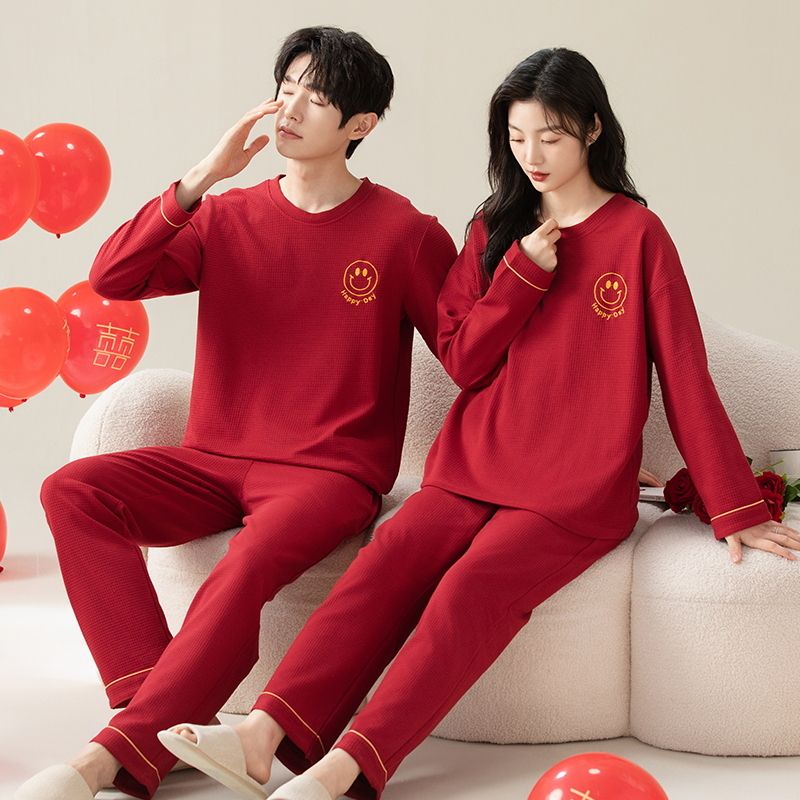 情侣睡衣-红色本命年圆领长袖长裤睡衣结婚婚庆男女家居服套装