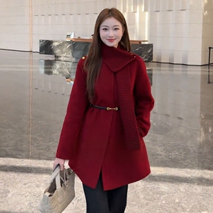 红色新年战袍毛呢外套女秋冬季2026新款小个子韩系短款厚呢子大衣