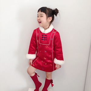 儿童旗袍红色拜年服女宝刺绣汉服新年装宝宝过年女童夹棉唐装冬款