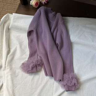 秋冬季新款女童加厚打底衫儿童花边袖半高领毛衣中大童冬款冬季