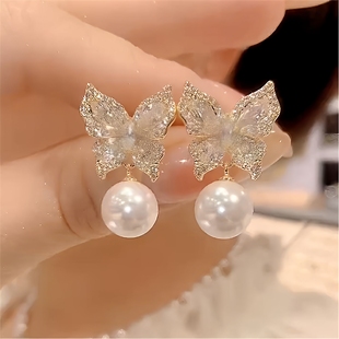 银耳环9999纯银女正品微镶蝴蝶锆石珍珠耳钉2026年新款爆款网红耳