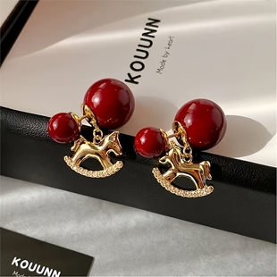 银耳环9999纯银女正品银针珐琅红珍珠小马耳钉女轻奢高级感气质大