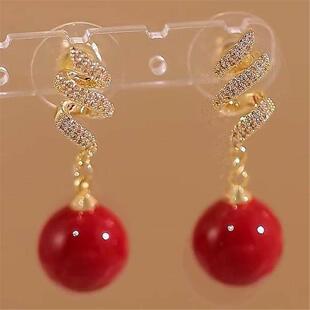 银耳环9999纯银红色锆石流苏珍珠耳环女精致高级感轻奢气质耳钉20