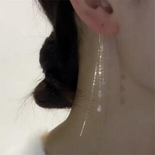 锆石耳线防丢耳环天使眼泪耳坠耳钉 长款 银耳环9999纯银女正品 时尚
