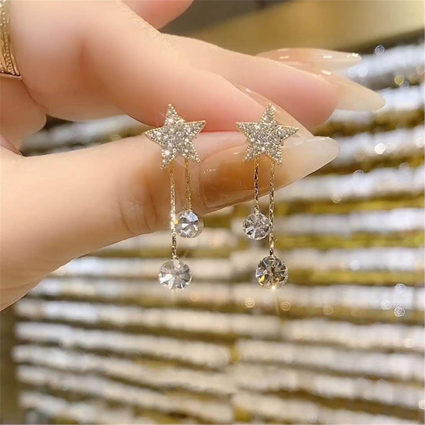 纯银新款9999耳环925银针星星流苏耳环2026新款爆款日韩精致水钻