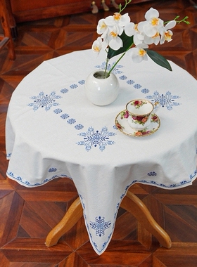 BJ1186 白蓝色（82cm方/瑕疵）棉麻手工十字绣方桌布