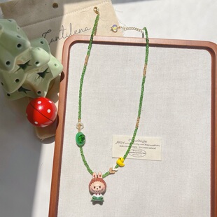 原创绿水晶森系串珠宝石锁骨链labubu趣味ins少女吊坠甜美项链