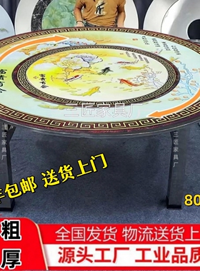 全彩图80特粗桌腿特厚不锈钢内置转盘圆桌折叠家用饭店食用免安装