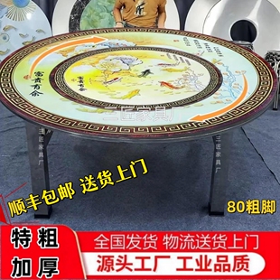 全彩图80特粗桌腿特厚不锈钢内置转盘圆桌折叠家用饭店食用免安装