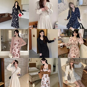 法式赫本黑色灯芯绒连衣裙初秋季新款女装搭配一整套长袖长裙M
