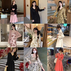 法式赫本黑色灯芯绒连衣裙初秋季新款女装搭配一整套长袖长裙