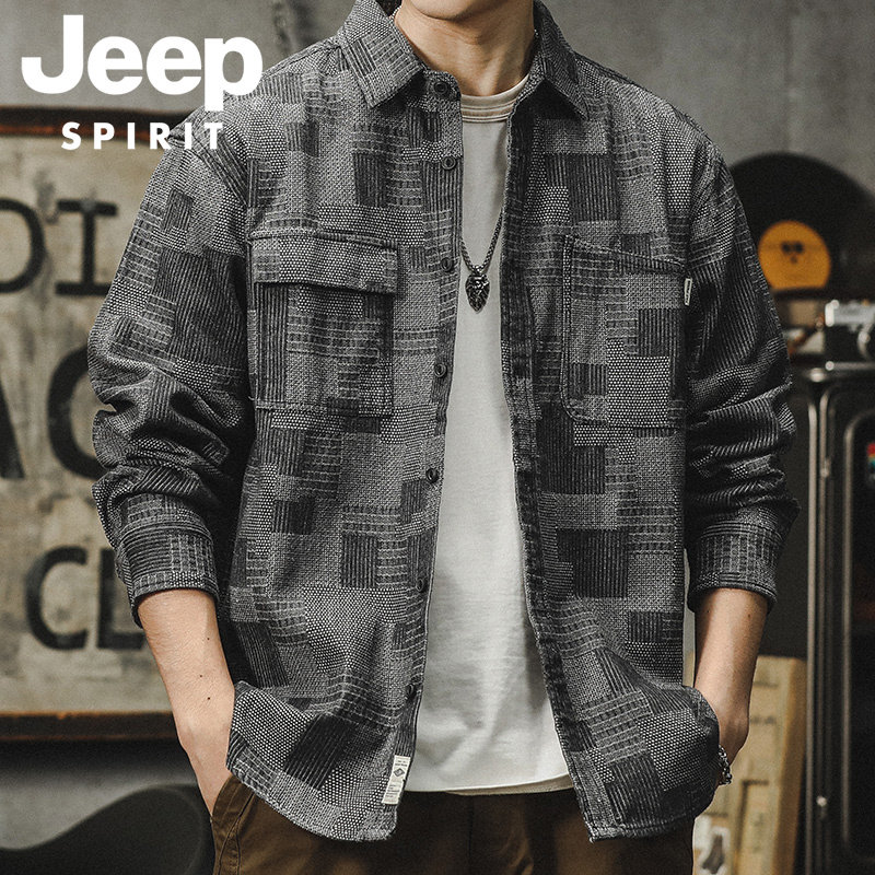 JEEP SPIRIT高档格子长袖夹克男春秋季2025新款百搭宽松衬衣外套